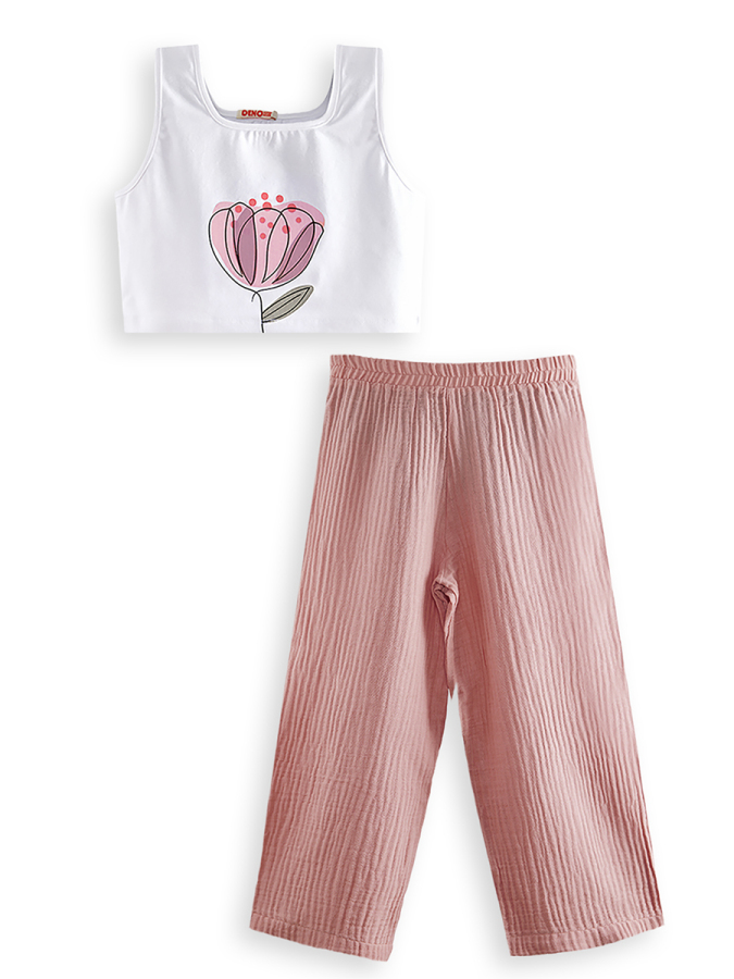 Çiçekli Kız Çocuk Pembe Müslin Pantolon Takım - 4