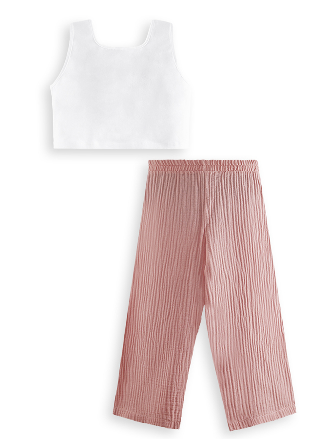 Çiçekli Kız Çocuk Pembe Müslin Pantolon Takım - 5