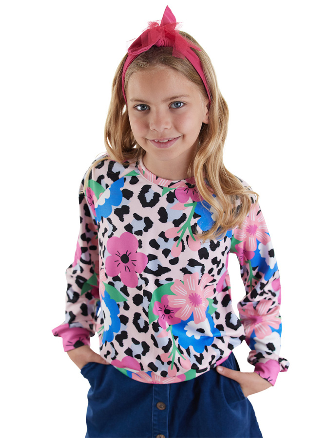 Çiçekli Leopar Kız Çocuk Sweatshirt - 1