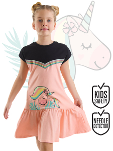 Çiçekli Unicorn Kız Çocuk Somon Siyah Yazlık Penye Elbise - Denokids