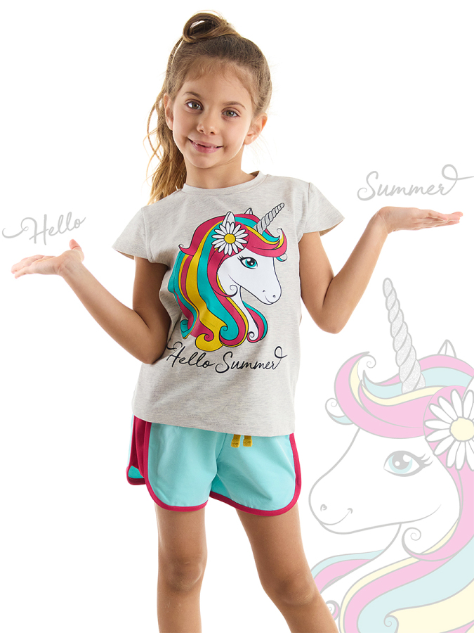 Çiçekli Unicorn Kız T-Shirt Şort Takım - 1