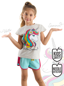 Çiçekli Unicorn Kız T-Shirt Şort Takım - 1