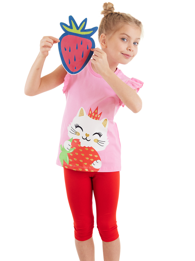 Çilek Kız Çocuk Yazlık Fırfırlı T-shirt Tayt Takım - 1