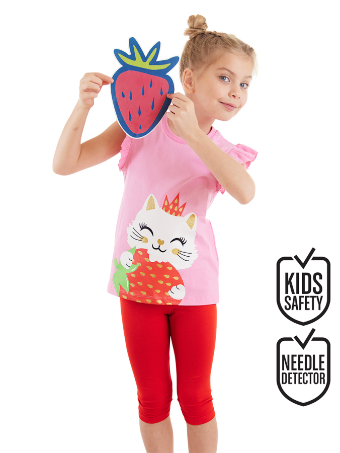Çilek Kız Çocuk Yazlık Fırfırlı T-shirt Tayt Takım - 1