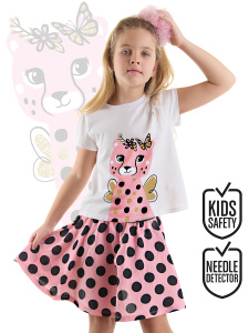 Puantiyeli Çita Kız Çocuk Yazlık T-shirt Pembe Etek Takım - Denokids