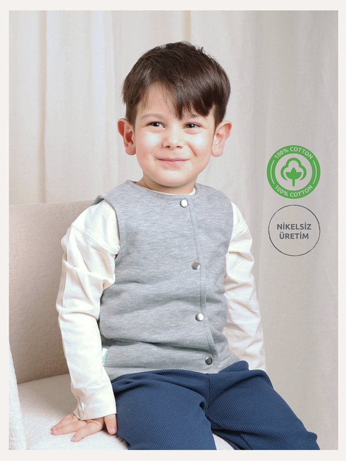 Çıtçıtlı Pamuk Bebek Çocuk Yelek - Gri - 1