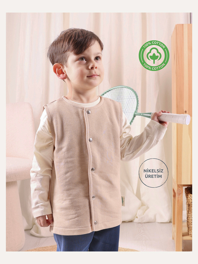 Çıtçıtlı Pamuk Bebek Çocuk Yelek - Latte - 1