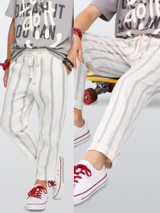 Erkek Çocuk Pantolon Yazlık Pamuklu Çizgili Keten Görünümlü Pantolon - Denokids