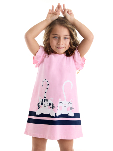 Çizgili Dostlar Kız Çocuk Fırfırlı Pembe Yazlık Elbise - Denokids