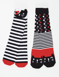 Çizgili Kediler Kız Çocuk Dizaltı Çorap 2'li Takım - Thumbnail