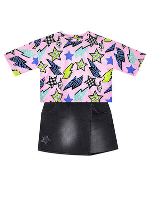 Collage Girl T-shirt&Denim Shorts Set