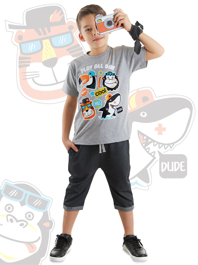 Cool Animals Siyah Erkek Çocuk Yazlık T-shirt Kapri Şort Takım - 1