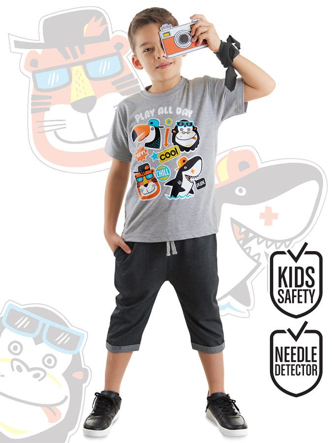 Cool Animals Siyah Erkek Çocuk Yazlık T-shirt Kapri Şort Takım - 1