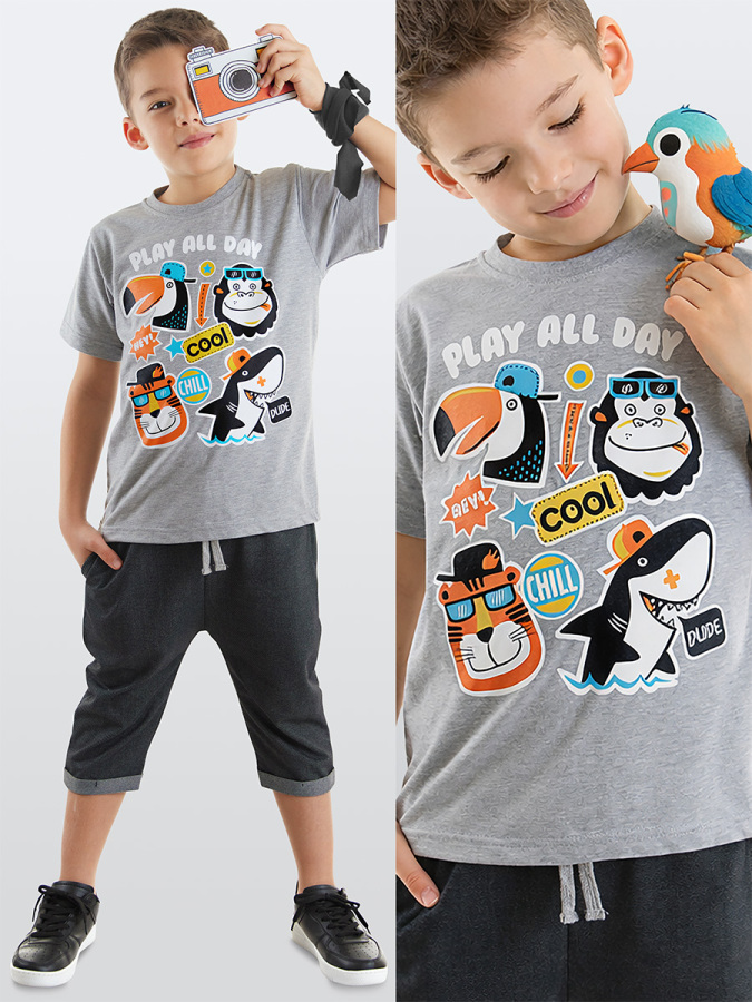 Cool Animals Siyah Erkek Çocuk Yazlık T-shirt Kapri Şort Takım - 1