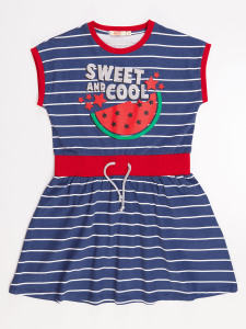 Cool Melon Çizgili Kız Çocuk Yazlık Lastikli Lacivert Elbise - 3
