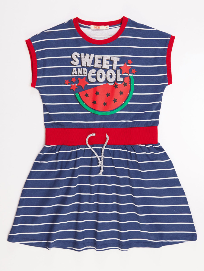 Cool Melon Çizgili Kız Çocuk Yazlık Lastikli Lacivert Elbise - 3