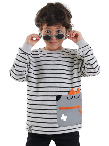 Cool Oversize Çizgili Gri Erkek Çocuk Sweatshirt - 1