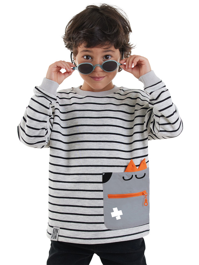 Cool Oversize Çizgili Gri Erkek Çocuk Sweatshirt - 1