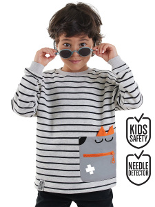 Cool Oversize Çizgili Gri Erkek Çocuk Sweatshirt - Denokids