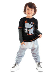 Cool Rhino Boy Black T-shirt and Grey Pants Set - 1