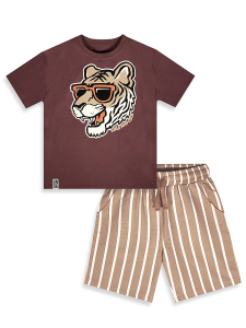 Erkek Çocuk Takım Kaplan Baskılı %100 Pamuk T-Shirt Çizgili Dokuma Şort Yazlık Takım - 4