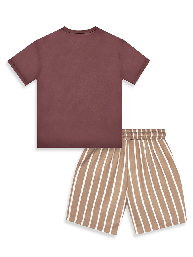 Erkek Çocuk Takım Kaplan Baskılı %100 Pamuk T-Shirt Çizgili Dokuma Şort Yazlık Takım - 5