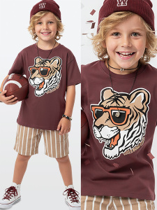 Erkek Çocuk Takım Kaplan Baskılı %100 Pamuk T-Shirt Çizgili Dokuma Şort Yazlık Takım - Denokids
