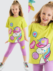 Cool Unicorn Kız Çocuk Yazlık T-shirt Lila Tayt Takım - Denokids