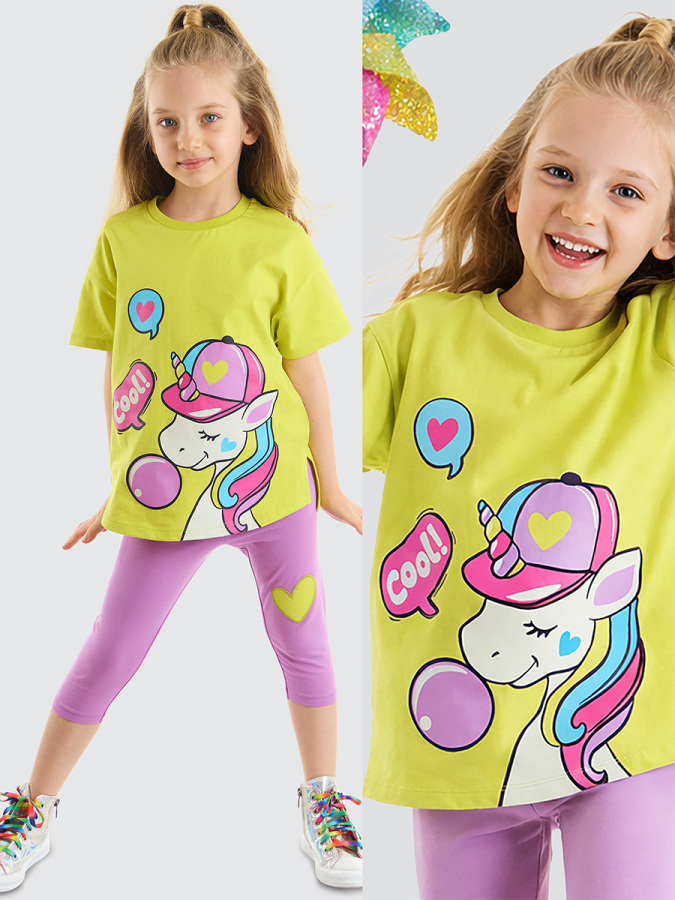 Cool Unicorn Kız Çocuk Yazlık T-shirt Lila Tayt Takım - 1