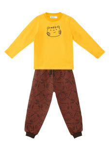 Cute Cat Baby Boy Mustard T-shirt and Pants Set - 3
