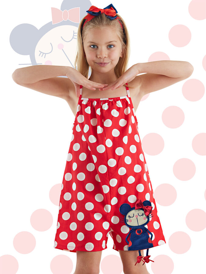 Cute Dots Poplin Girl Red Overall - 1