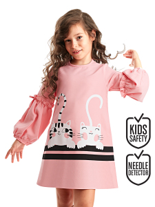 Pembe Cute Friends Kız Çocuk Dokuma Balon Kol Kışlık Elbise - Denokids
