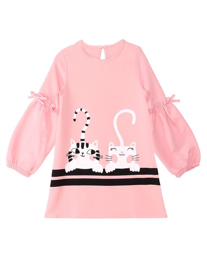 Pembe Cute Friends Kız Çocuk Dokuma Balon Kol Kışlık Elbise - 3
