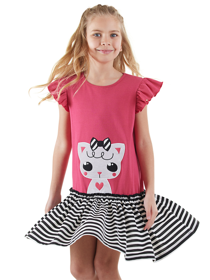Cute Kitty Girl Cotton Pink Dress - 1