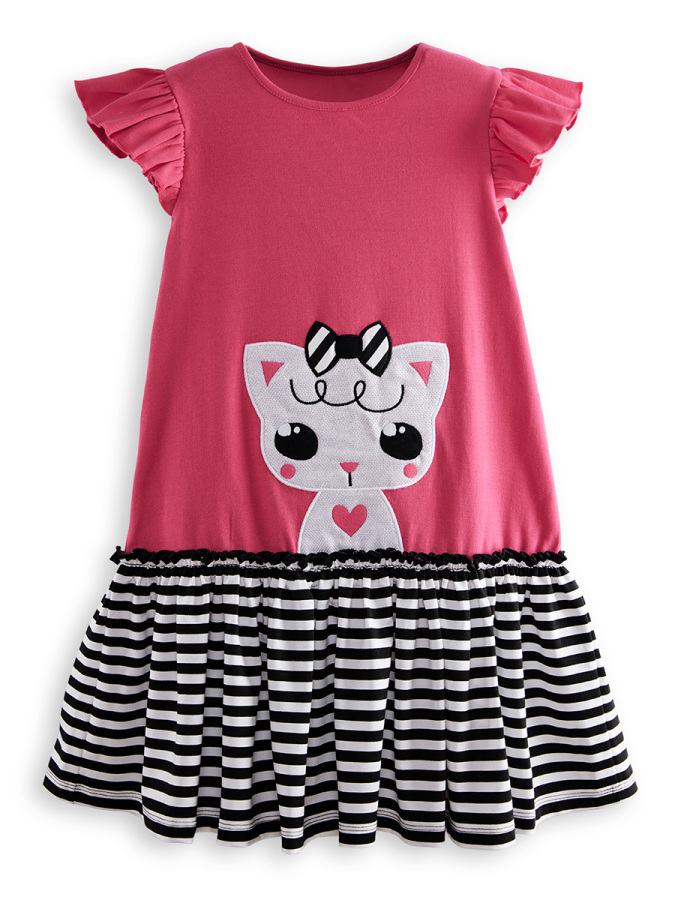 Cute Kitty Girl Cotton Pink Dress - 3