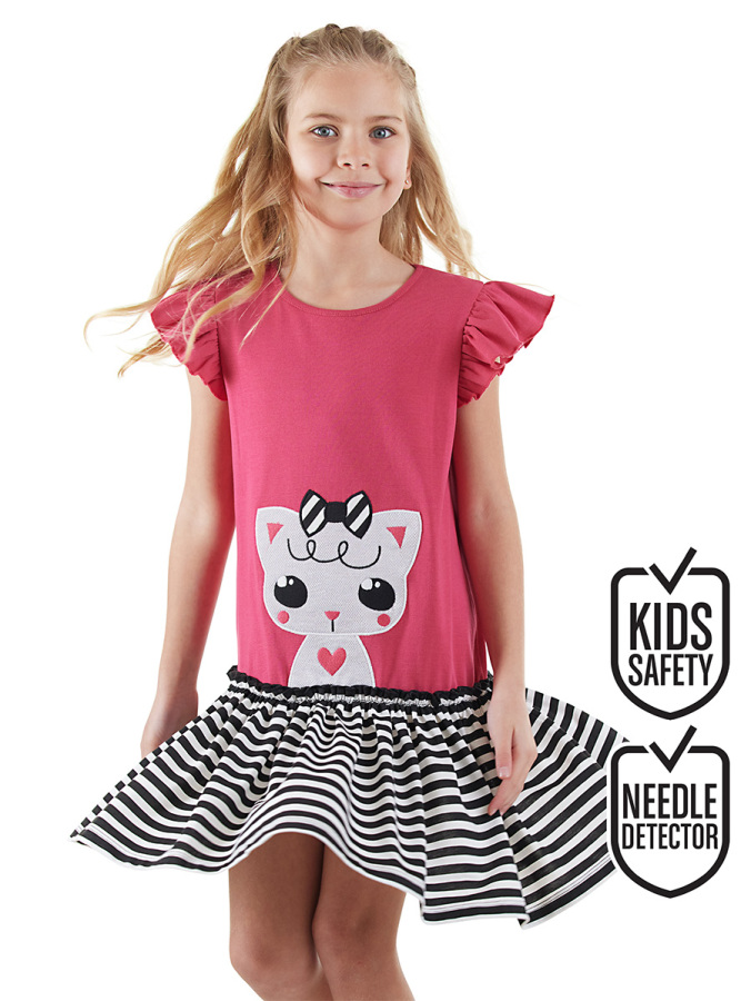 Cute Kitty Girl Cotton Pink Dress - 1