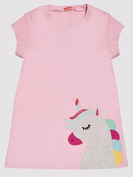 Cute Unicorn Pamuklu Kız Çocuk Pembe Elbise - Thumbnail