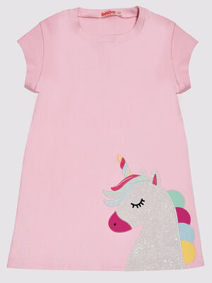 Cute Unicorn Pamuklu Kız Çocuk Pembe Elbise