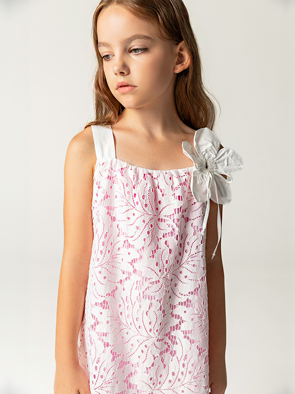Dantel Pembe Pamuk Astarlı Askılı Kız Çocuk Elbise - 3