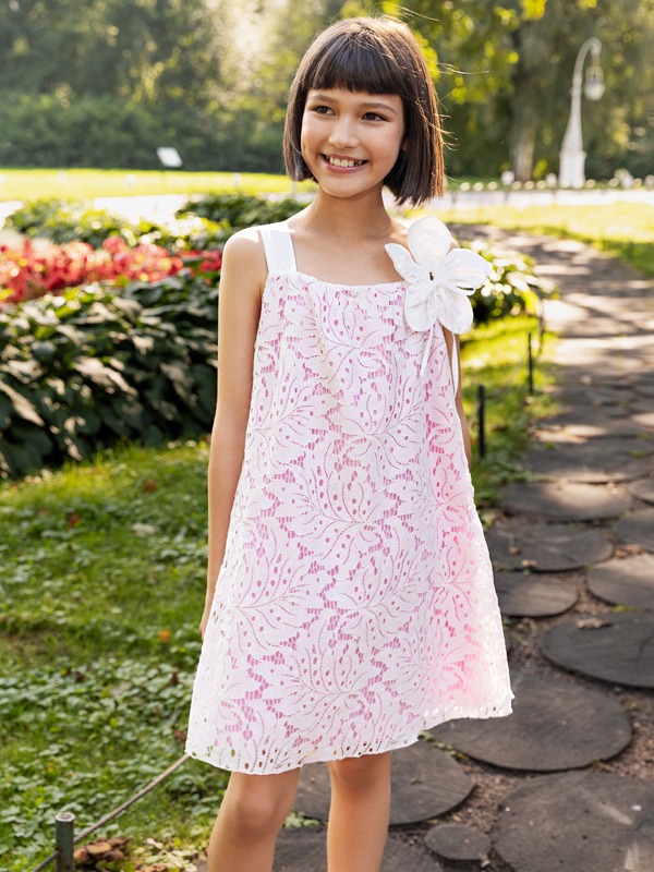 Dantel Pembe Pamuk Astarlı Askılı Kız Çocuk Elbise - 4