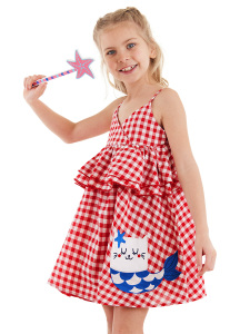 Kedi Kız Çocuk Kırmızı Ekose Fırfırlı Askılı Elbise - Denokids