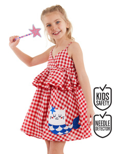 Kedi Kız Çocuk Kırmızı Ekose Fırfırlı Askılı Elbise - Denokids