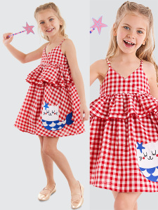 Kedi Kız Çocuk Kırmızı Ekose Fırfırlı Askılı Elbise - Denokids