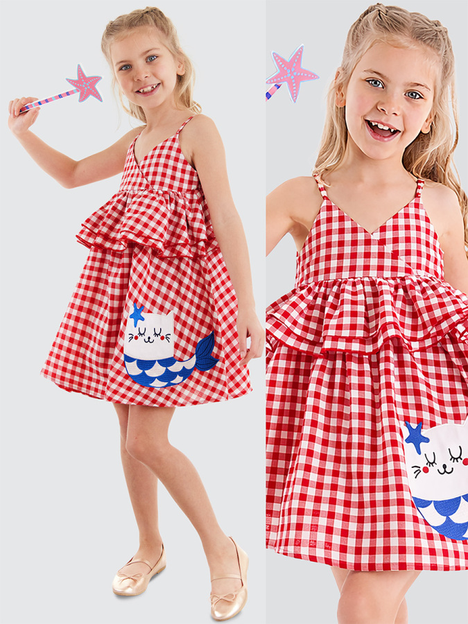 Kedi Kız Çocuk Kırmızı Ekose Fırfırlı Askılı Elbise - 1