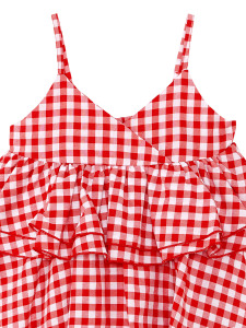 Kedi Kız Çocuk Kırmızı Ekose Fırfırlı Askılı Elbise - 6