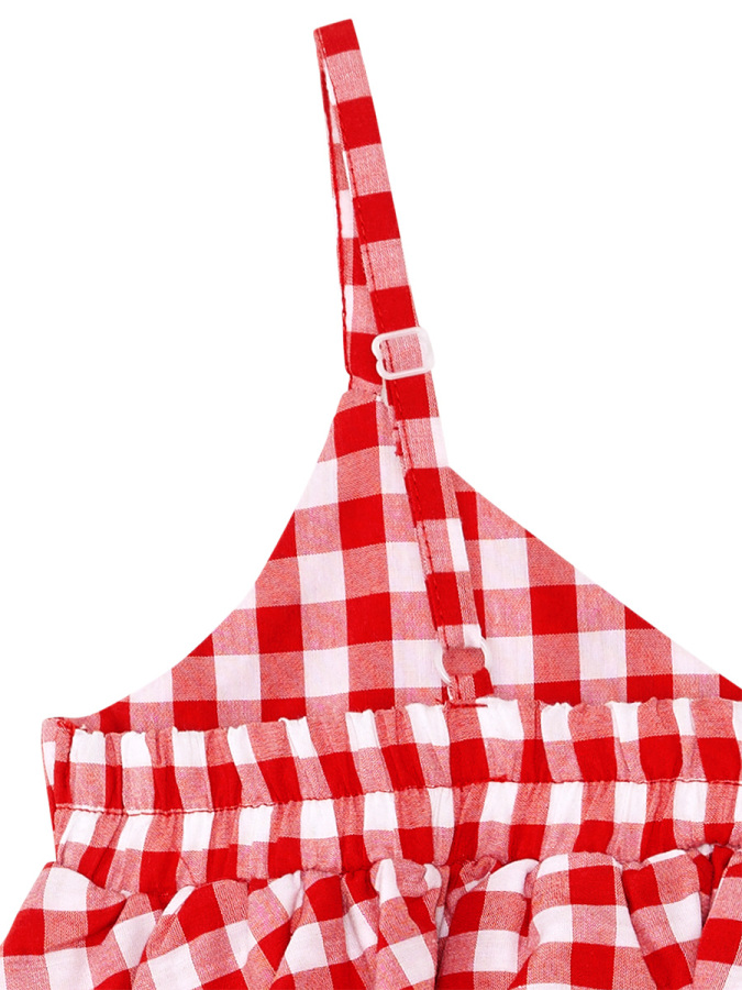 Kedi Kız Çocuk Kırmızı Ekose Fırfırlı Askılı Elbise - 7