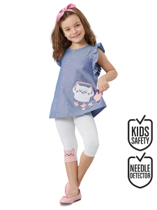 Fırfırlı Kedili Kız Çocuk Mavi Beyaz Yazlık T-shirt Tunik Tayt Takım - Denokids