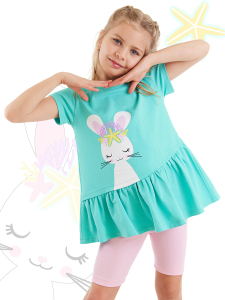 Deniz Tavşanı Kız Çocuk Yazlık Fırfırlı T-shirt Tayt Takım - Denokids