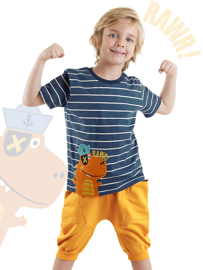 Çizgili Denizci Dino Erkek Çocuk Yazlık T-shirt Kapri Şort Takım - 1