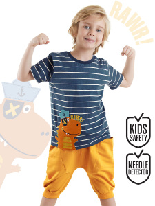 Çizgili Denizci Dino Erkek Çocuk Yazlık T-shirt Kapri Şort Takım - Denokids